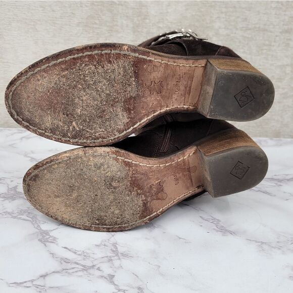 Donald J Pliner Dorria Brown Suede Silver Buckles Mid Calf Block Heel Boots - Picture 10 of 15